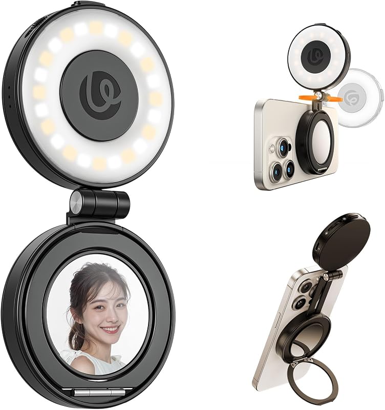 ULANZI LM23 Magnetic Selfie Light for iPhone with Magsafe, Mirror, Hook | 2500K-8000K CRI96 360° Rotation Type‑C LED Phone Selfie Beauty Fill Light for Video Recording/Vlogging/Meeting/TikTok-Black