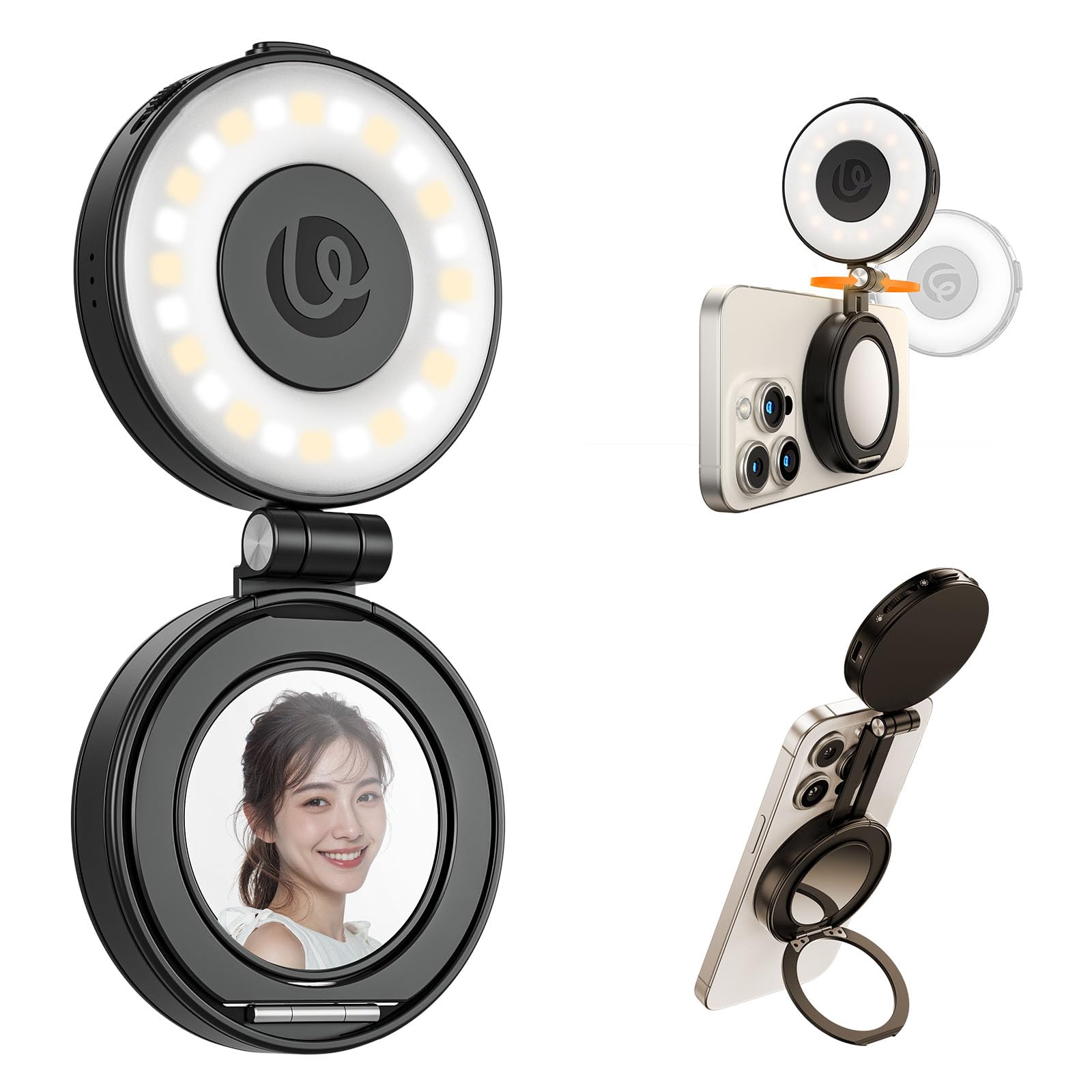 ULANZI LM23 Magnetische Selfie Licht kompatibel mit Magsafe, verbessertes 360°-Selfie Ringlicht für iPhones, LED-Schönheitsbeleuchtung mit Spiegel für Selfies, Videoanrufe, Konferenzen, Fotografie