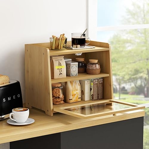 Miniatura 3 de Panera de bambú para encimera de cocina, organizador de encimera de cocina de madera y almacenamiento para pan, café, especias, aperitivos,