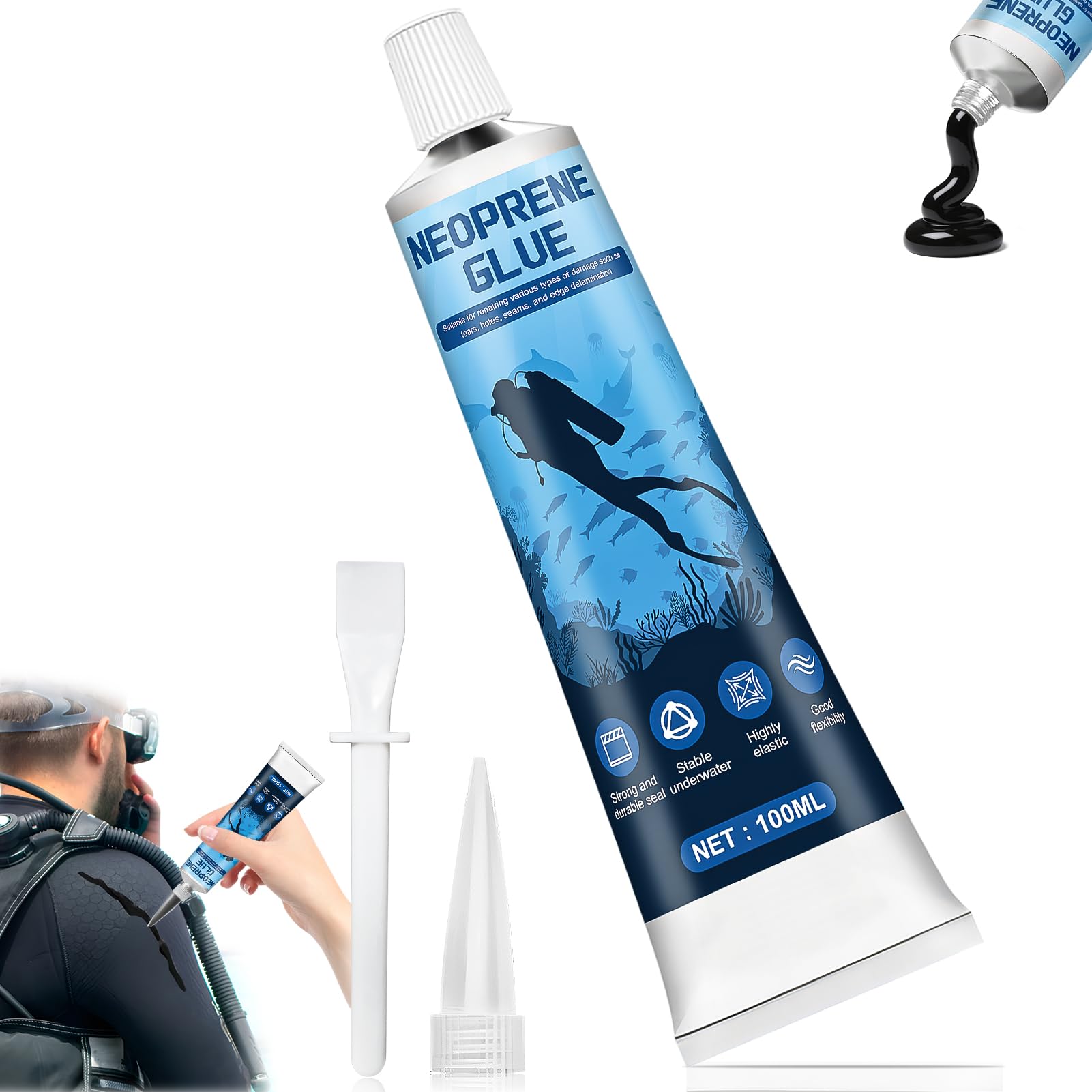 ALLONY Colla Neoprene per Muta, 100ML Colla Neoprene, Collas per Riparare Muta in Neoprenes, Flessibile Resistente, Adatto per Riparare Buchi e Strappi su Waders, Mute, Nero