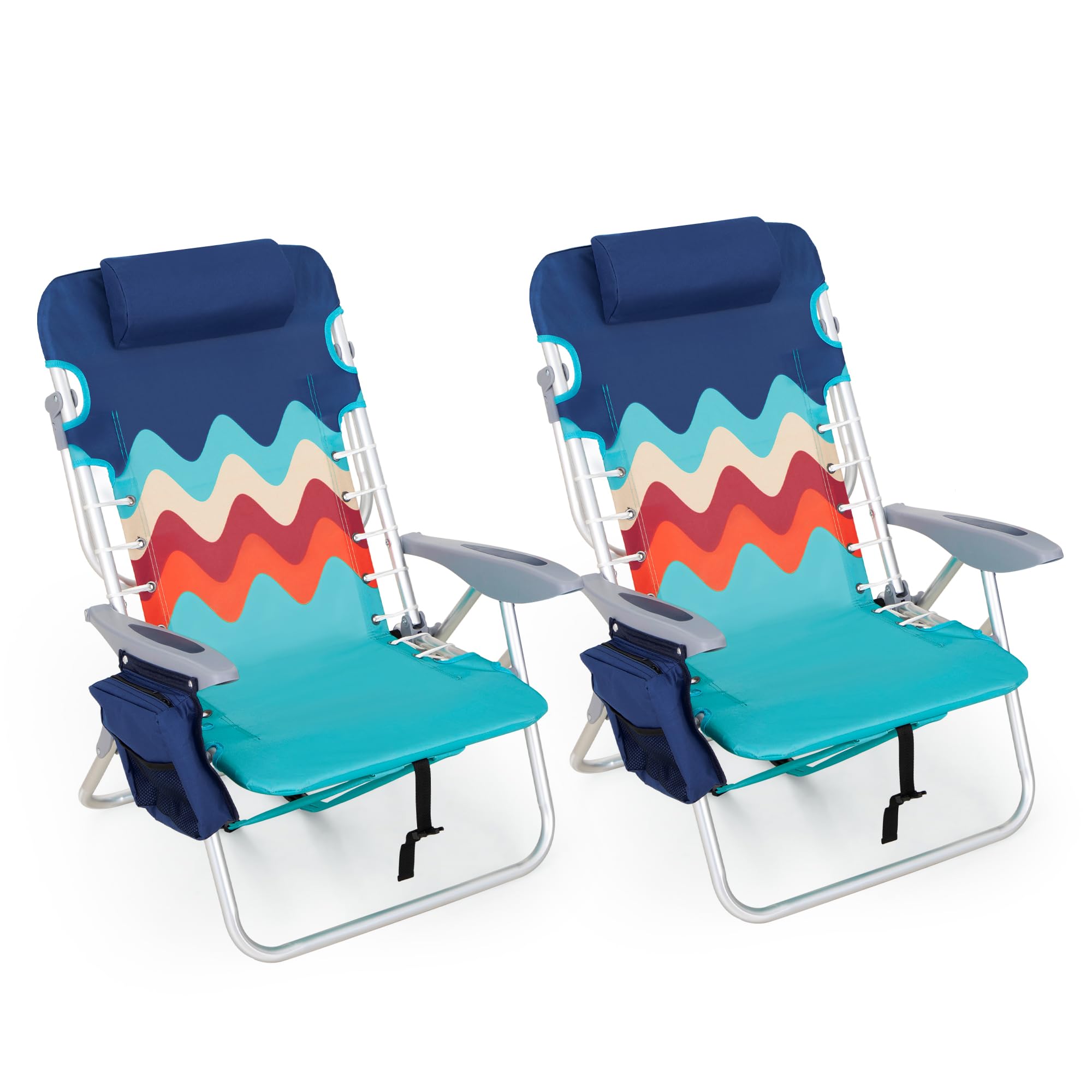 HIGH POINT SPORTS Strandstuhl 2er Set Klappstuhl für Strand mit Kühltasche 4-Fach Verstellbar Folding Beach Chair mit Rucksack, Blau