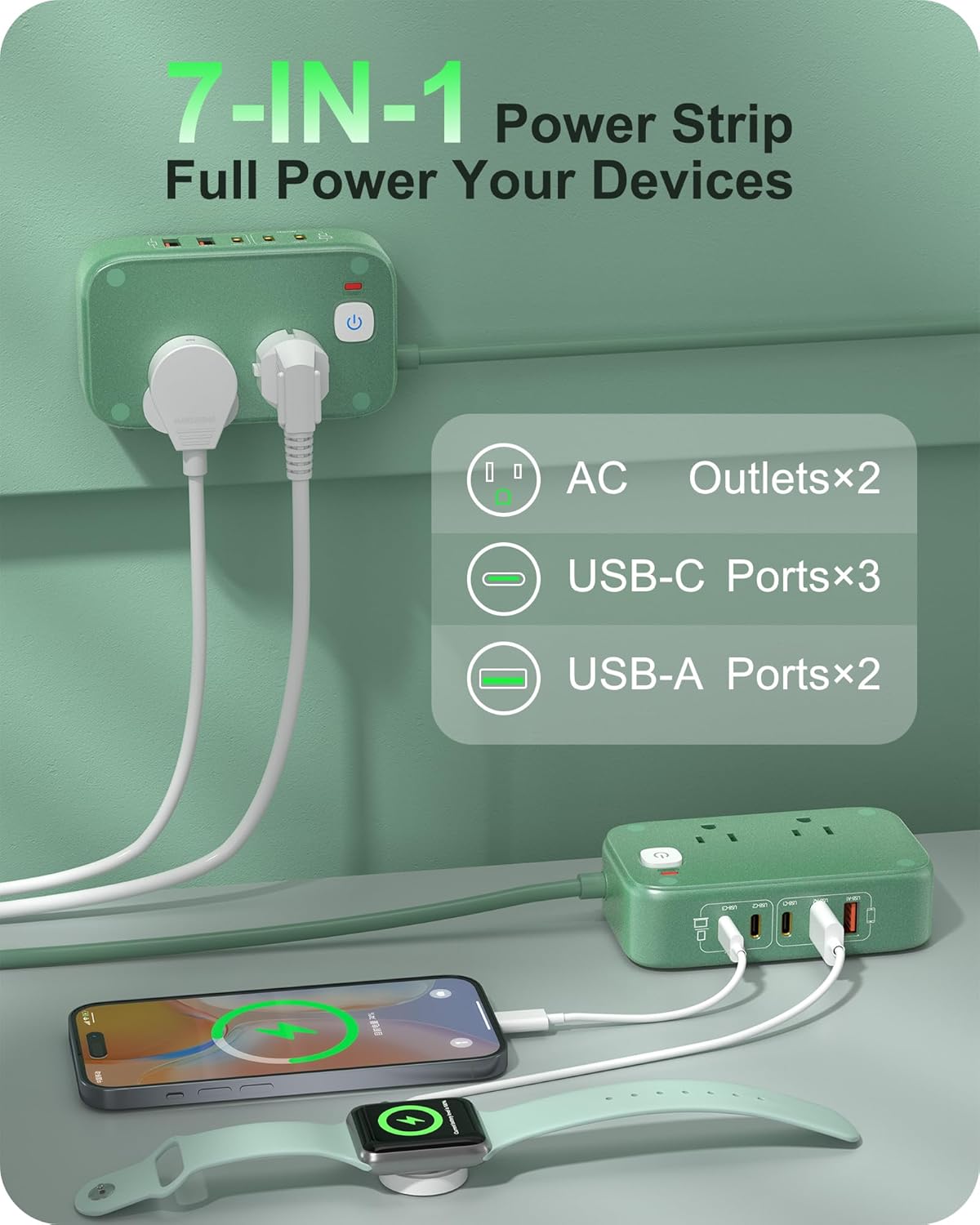 7-IN-1 Power Strip, 85W PD USB C Power Strip, Desktop Charging Station Outlet Extender with 2 AC Outlets, 3 USB-C and 2 USB-A Ports for Laptop/Phone and More