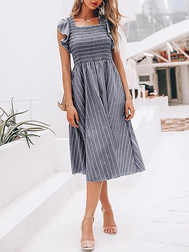 Miniatura 2 de Miessial Vestido midi de verano para mujer, casual, manga corta, vestido de lino fruncido 2025, vestido bohemio para invitados de boda con bolsillos
