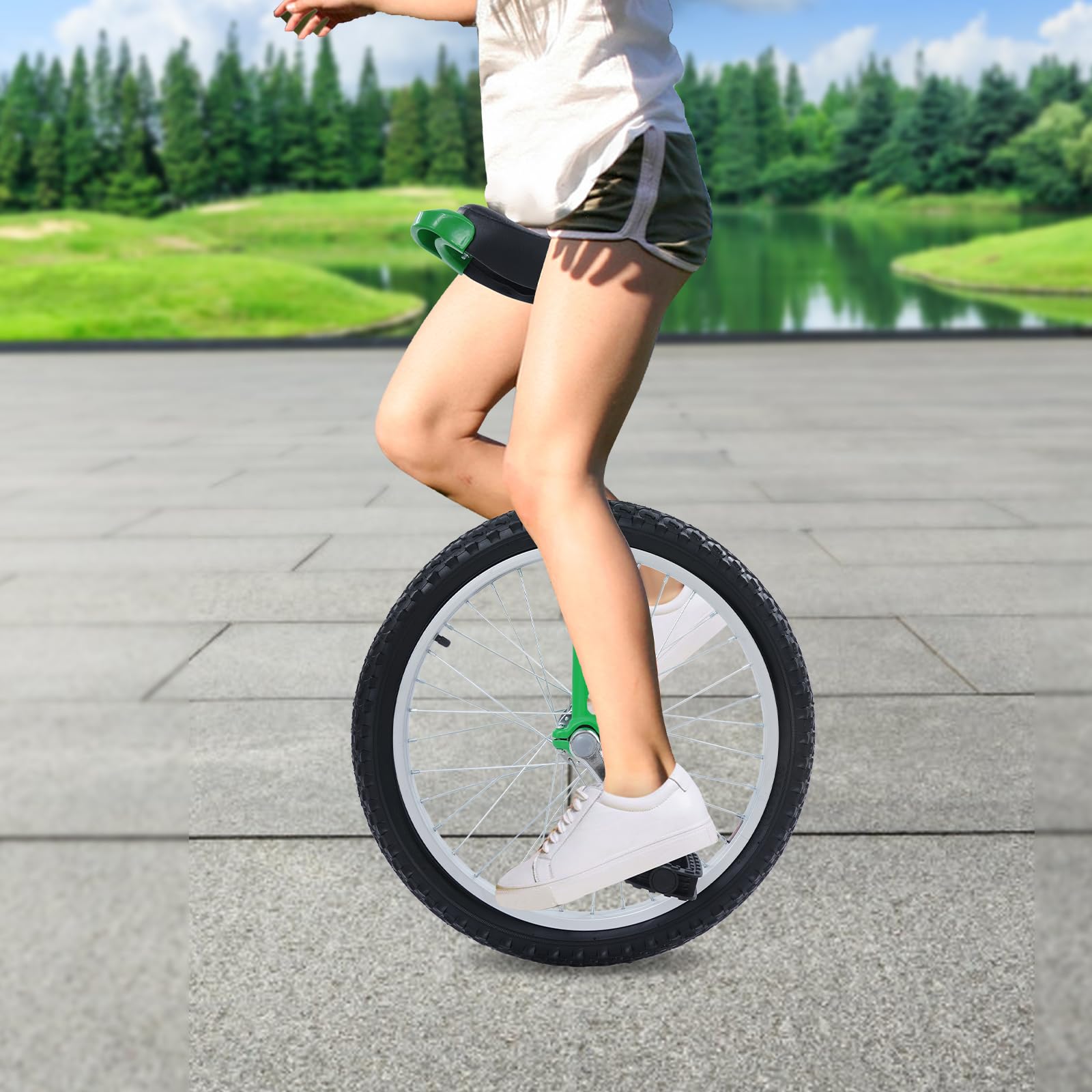 Monociclo de 20 pulgadas en verde para adultos y jóvenes, robusto Unicycle con absorción de impactos y asiento de una rueda ajustable en altura para entrenamiento de equilibrio y tiempo