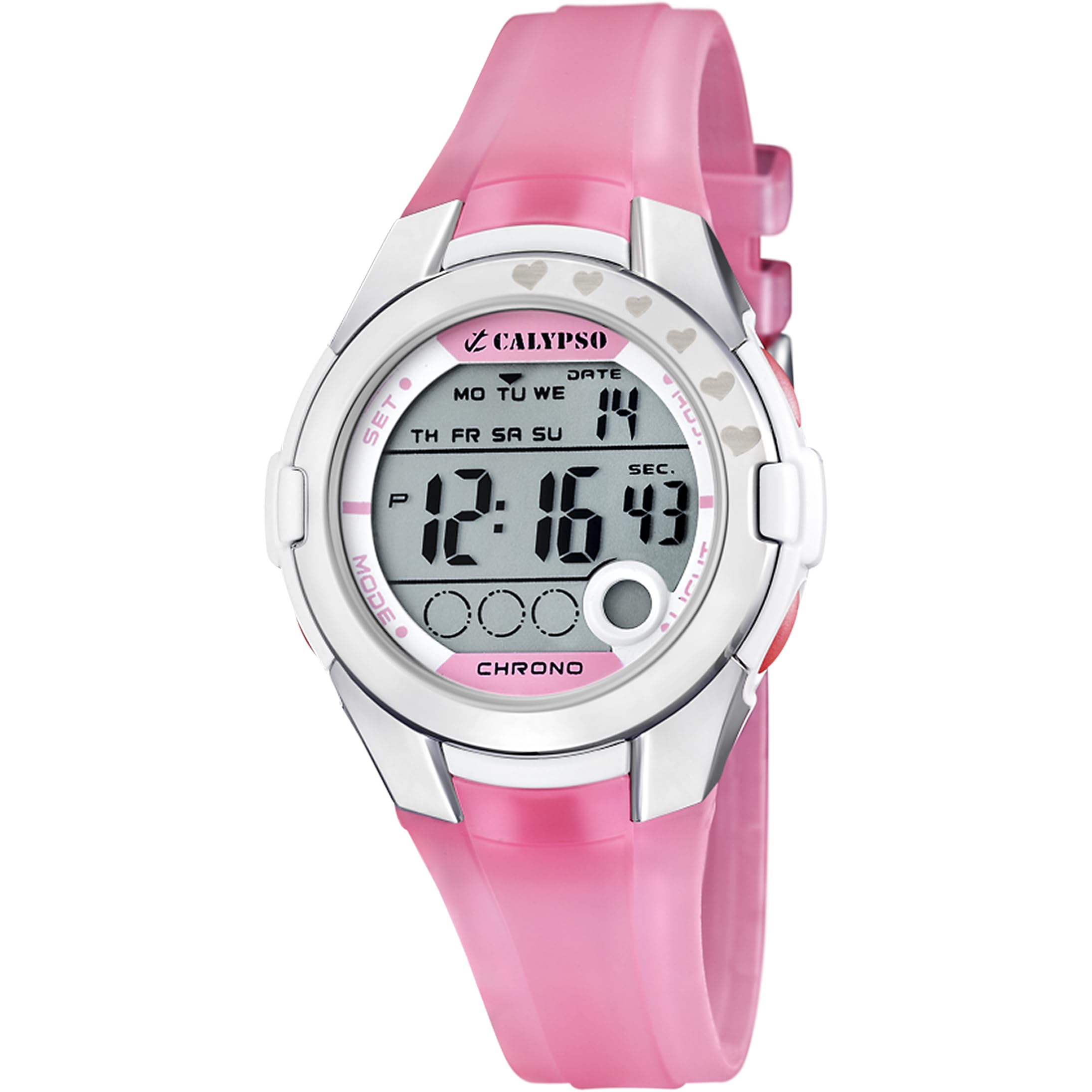 Calypso Montre Enfant Digitale - Caoutchouc Rose - Étanche 10 ATM - Date Calendrier Chronographe Double Horaire Lumière Alarme 12/​24h - K5571/​2