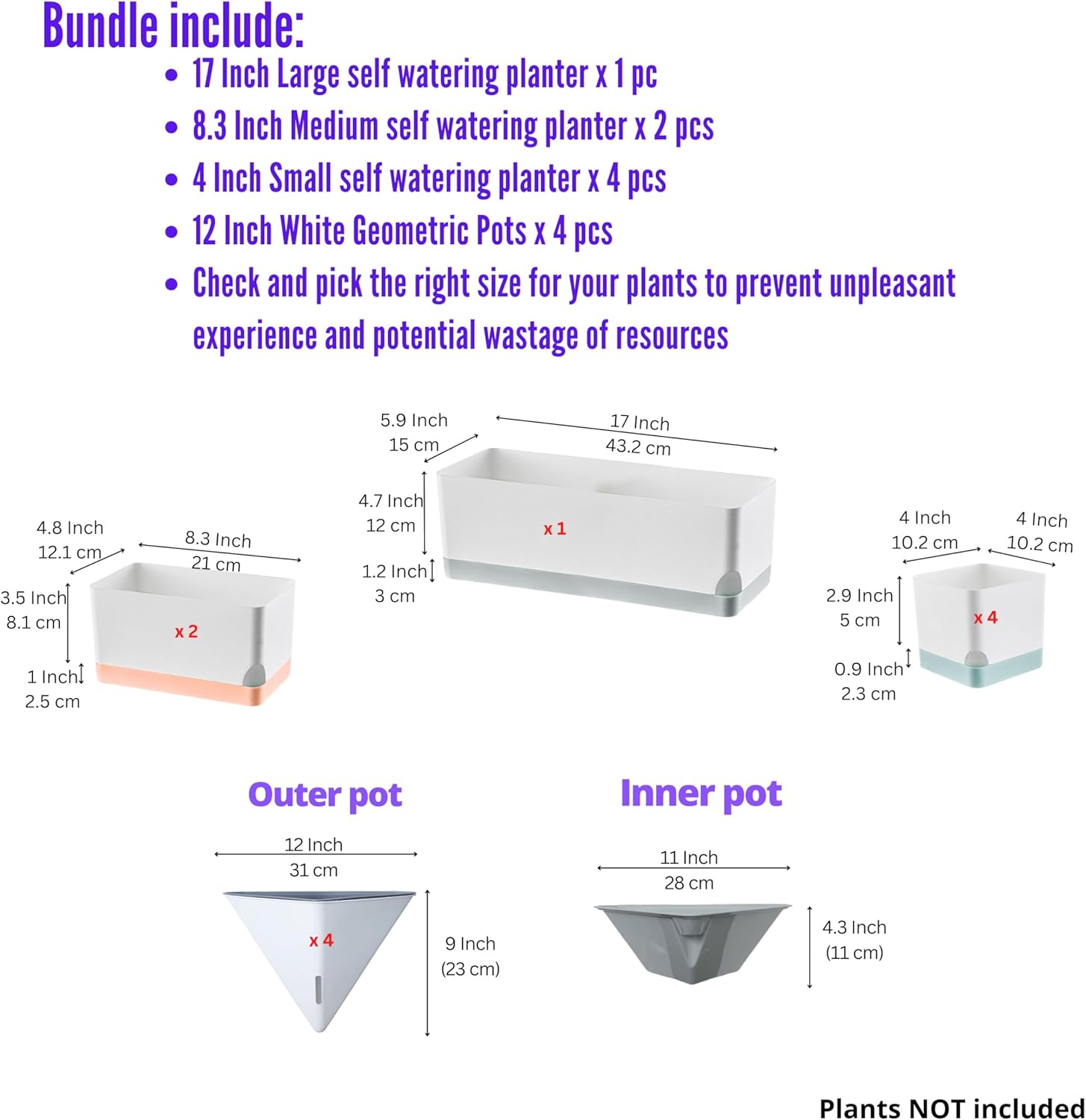 LaLaGreen Bundle- 7 Pack, Small Medium Large Self Watering Planter + 4 Pack, 12 Inch White Geometric Pot Modern Stylish Hanging Vase Decor Windowsill Flower Herb Succulent Holder Boxes Indoor Garden