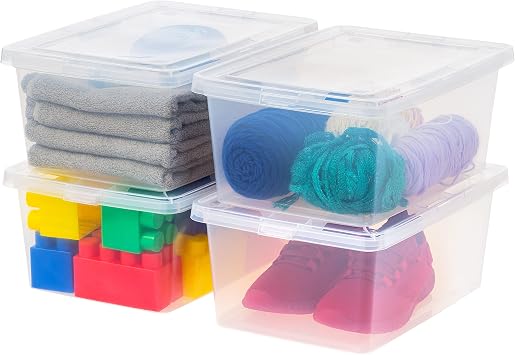 Iris Ohyama, Multi-Purpose Plastic Storage Box, 13L, Set of 4, Transparent, Easy Closure, Stackable, for Bedroom, Kitchen, Office, Bathroom, Clothing, Toys, BPA-Free, CNL-13E