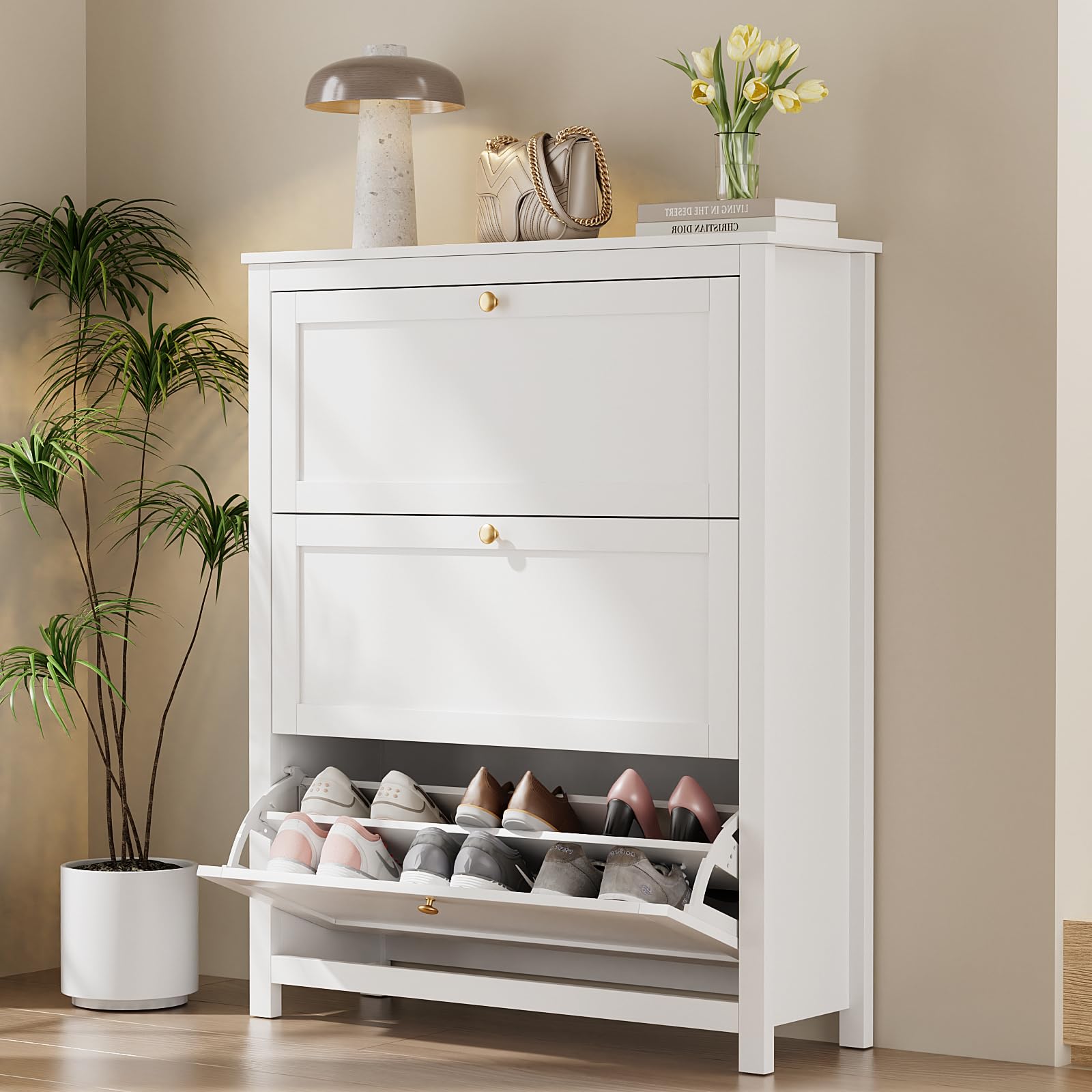 VOWNER 90cm Largo Zapatero 3 Puertas, Mueble Zapatero Estrecho Blanco, Zapatero Estrecho Entrada Recibidor, Blanco, Madera, para Entrada Estrecha, Pasillo, 90 x 30 x 110 cm,
