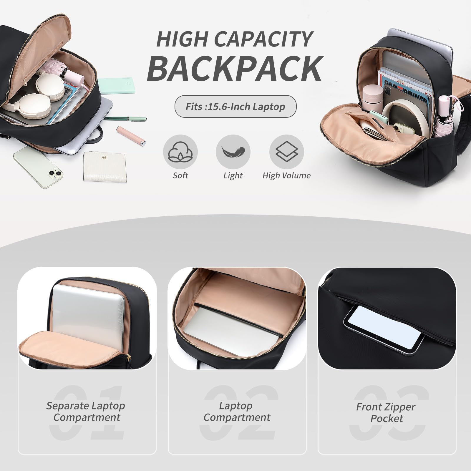 GOLF SUPAGS Sac à Dos pour Femmes avec Compartiment Séparé pour Ordinateur Portable, Sacs D'ordinateur Résistants à L'eau pour Voyage, Travail, Collège