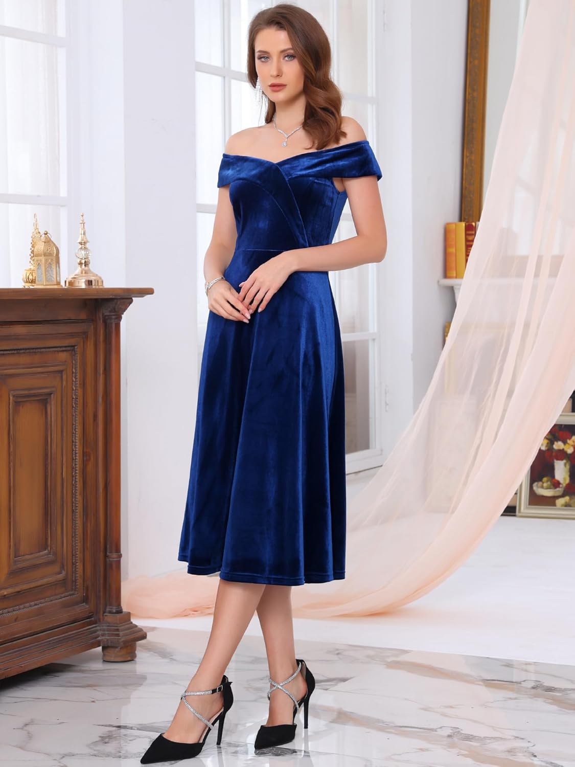 Women's Velvet Dress Valentine's Day Off The Shoulder Wedding Cocktail Evening A-Line Dresses - Image 2