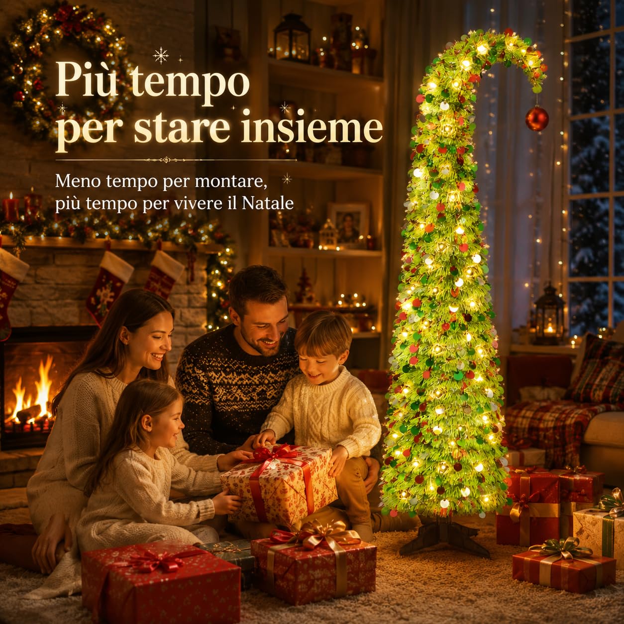 Albero di Natale Pop Up 153 cm con Luci e Paillettes, Salvaspazio