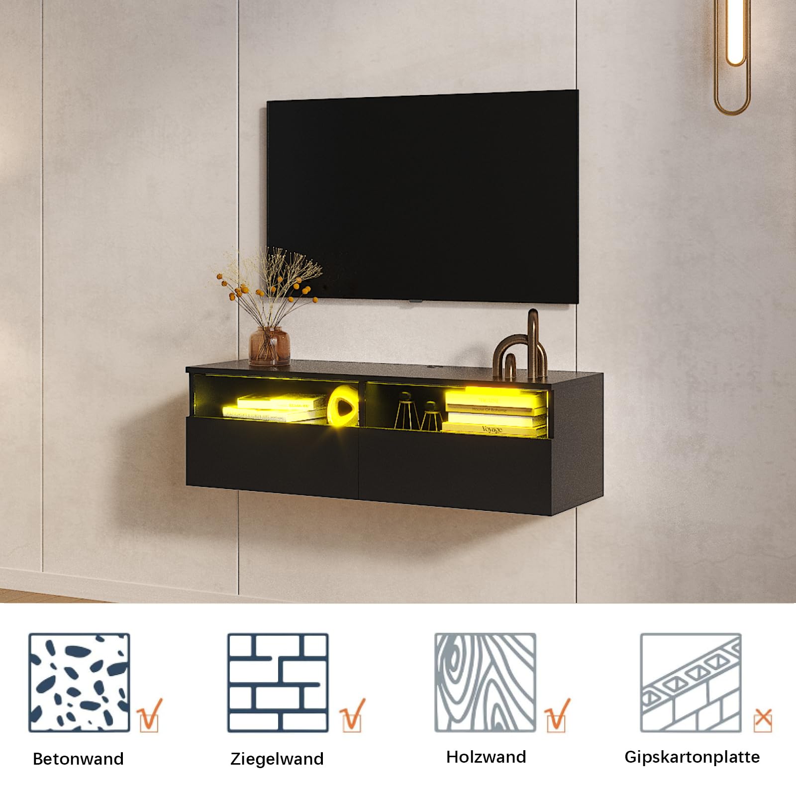 KEEPREAPER Lowboard 100cm TV Schrank mit LED-Beleuchtung hängend Schwarz | Fernsehschrank, griffloses TV-Board, 2 Schubladen mit Acryl für Wohnzimmer