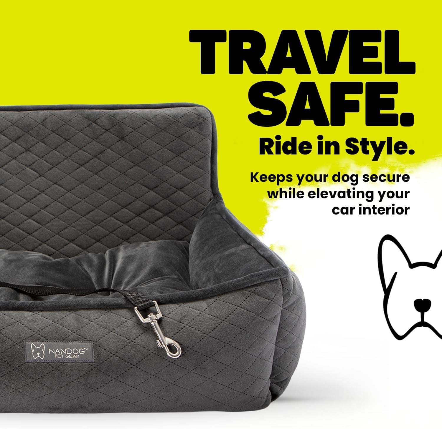 Nandog Pet Gear Luxury Dog Car Seat Bed w/Removable & Washable Pad Insert & Thick Car Seatbelt Straps - Secure, Comfortable, Easy-to-Clean Pet Carrier (Dark Grey, 18" L x 16" W in)