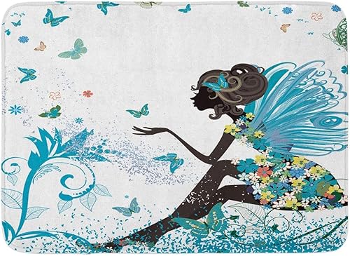 Tapete de baño de fantasía, con alas de niña de primavera en un vestido floral, estampado de mariposas de jardín surrealista, tapete de baño para