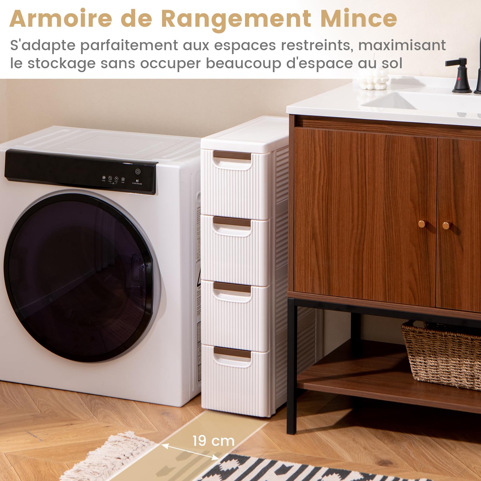 GOPLUS Tour de Rangement Étroit à Roulettes Intégrées Amovibles, Colonne de Rangement Salle de Bain en Plastique avec 4 Tiroirs, Gain de Place 19x42x109CM, Salle de Bain, Cuisine, Bureau, Blanc