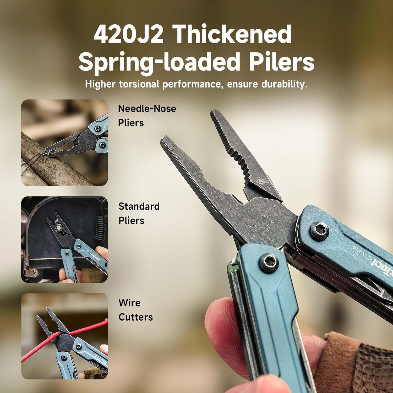 Close-up images demonstrating the use of needlenose pliers, standard pliers, and wire cutters on the multitool