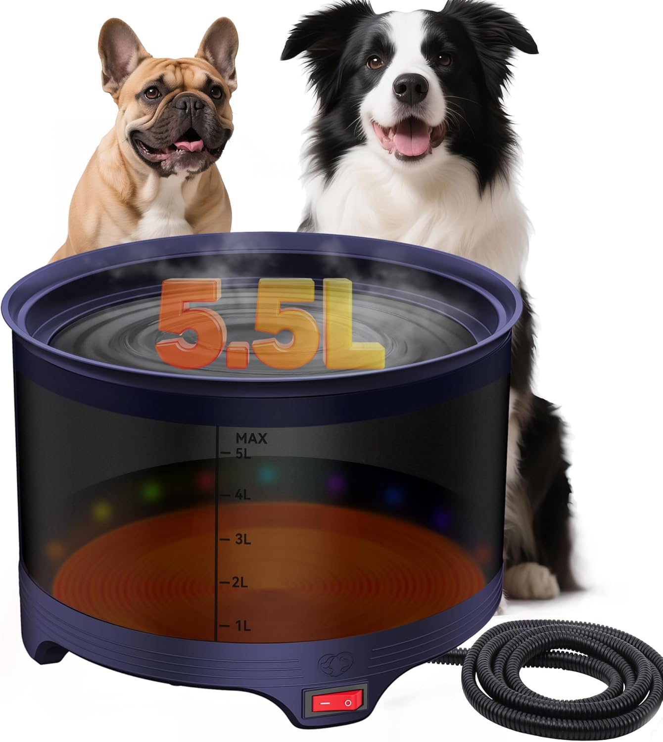 5.5L Heated Water Bowl, 1.45Gal Large Heated Dog Bowls for Outside, Outdoor Winter Waterproof Heat Pet Water Bowl with Chew Resistant Power Cord & LED Neon for Dog/Cat/Chicken/Duck/Rabbit