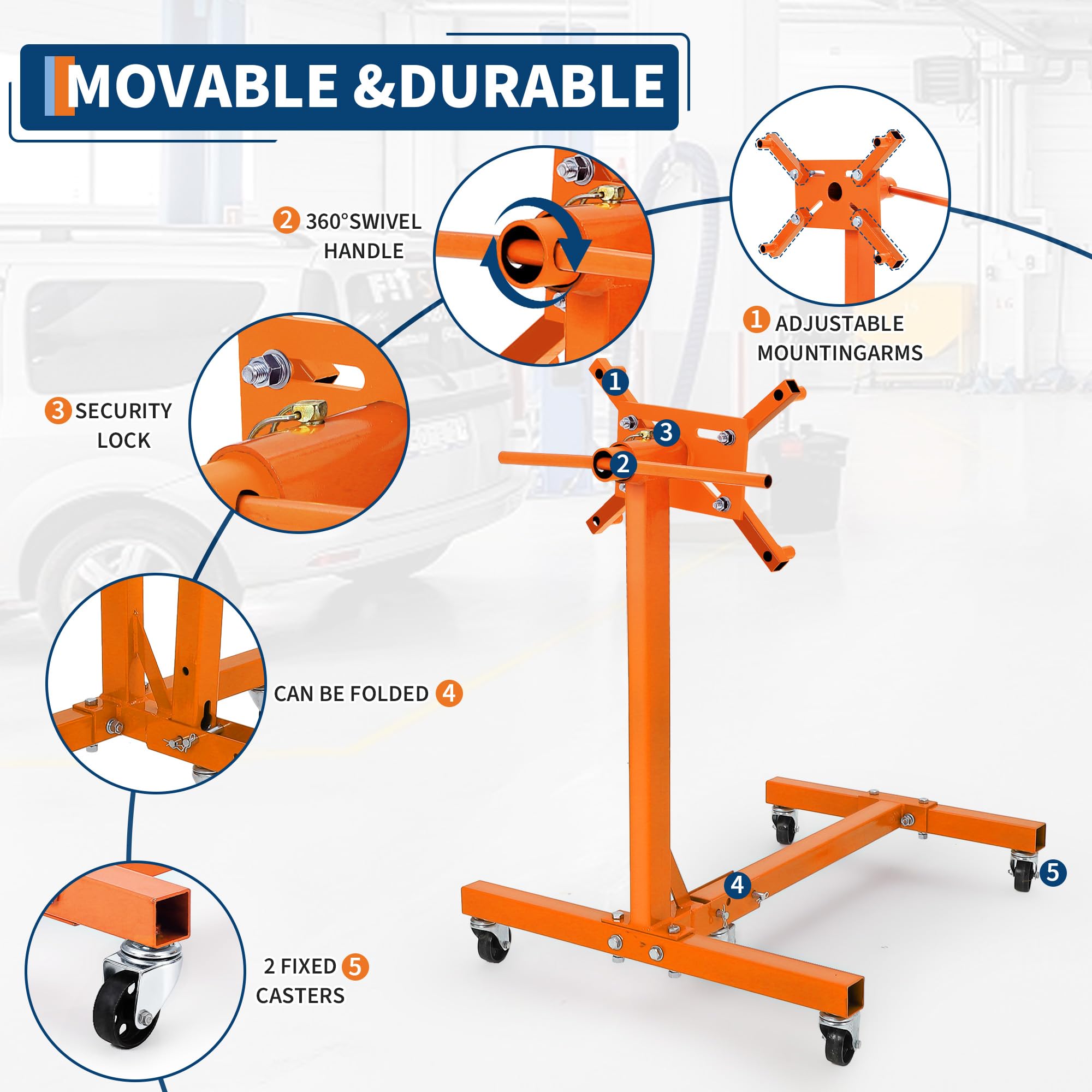 Garvee Support Moteur Rotatif Robuste – Capacité 1500 lbs, Rotation 360°, châssis Acier Pliable, 5 roulettes, 4 Bras réglables, Frein, Rangement Compact – Atelier, Garage, mécanique | Orange | 1500