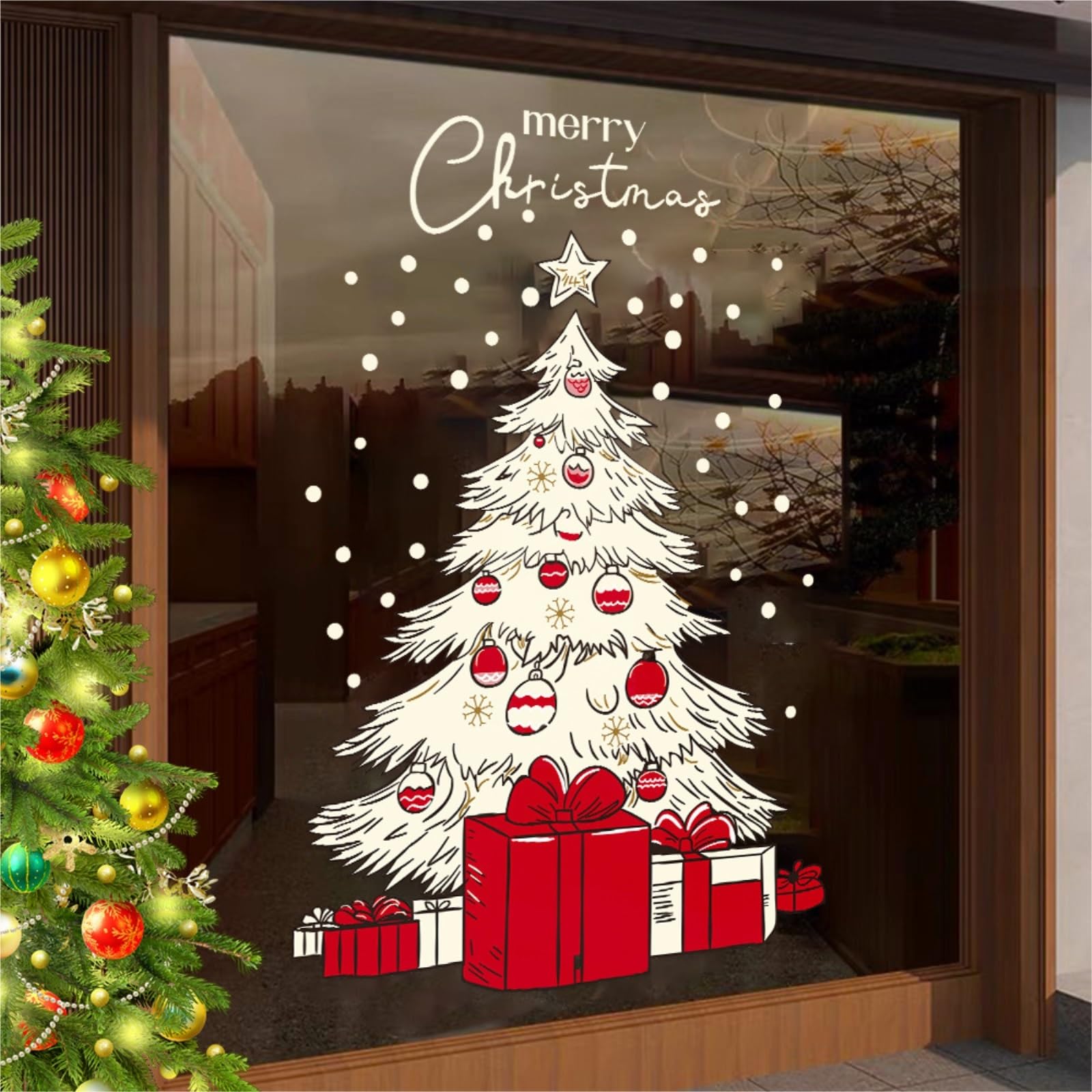 Décoration noel Autocollants de fenêtre de Noël aquarelle grand arbre de Noël autocollants de fenêtre réutilisables for les fournitures de bureau à domicile sticker noël fenetre(Très très grand)