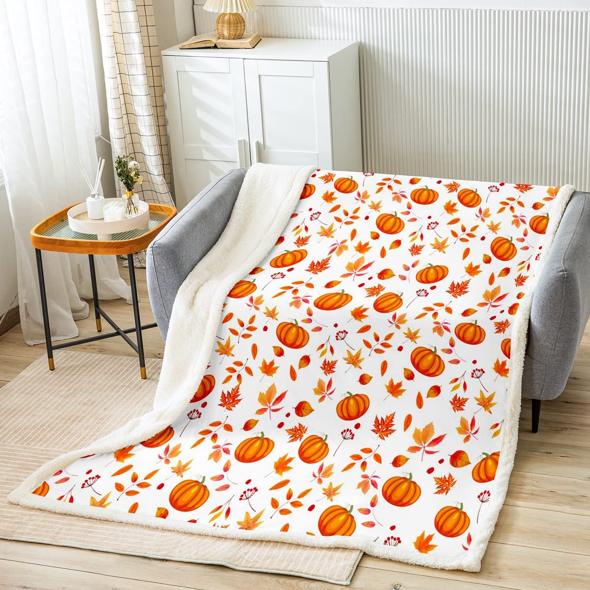 Coperta per Halloween, zucca, felice, autunno, 100x130 cm, graziosi fiori autunnali, foglie d'acero, coperta per il giorno del Ringraziamento, casa, decorazione della stanza