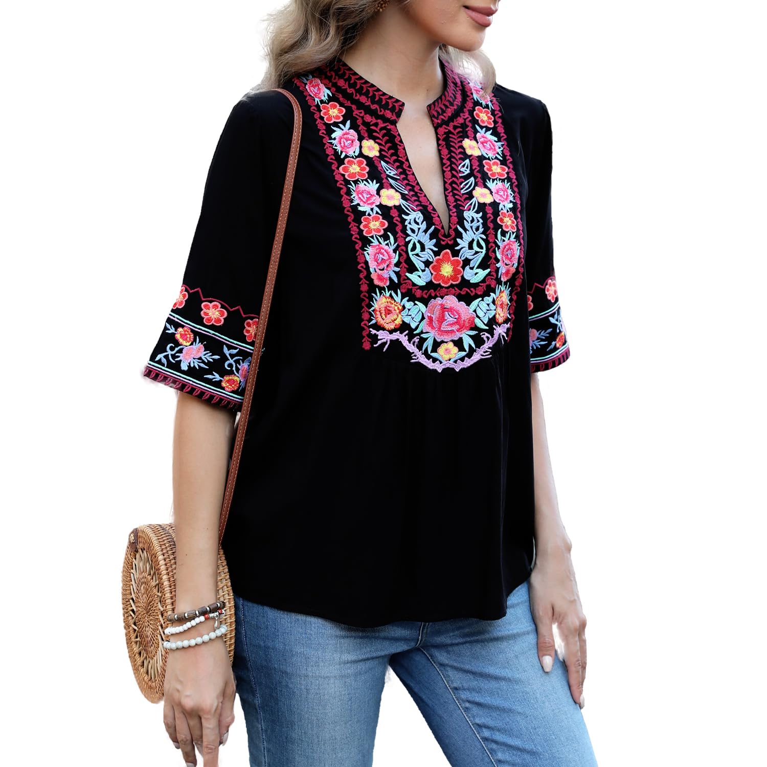 Seasonal Ukraine Bluse Sommer Damen Tunika Bohemian Stickerei Folklore Tops Boho Hippie Kurzarm Lose Oberteil