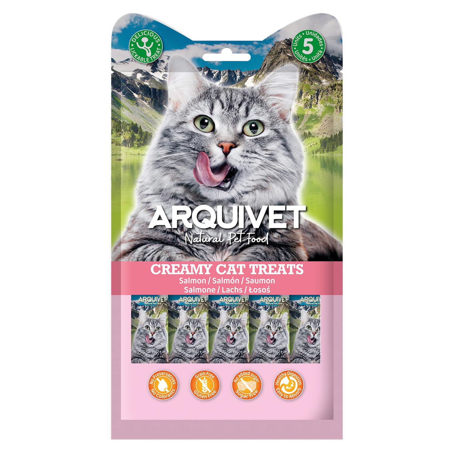 Arquivet - Creamy Cat Treats - Snack cremoso de Salmón (Expositor de 12 Bolsas con 5x14 g)