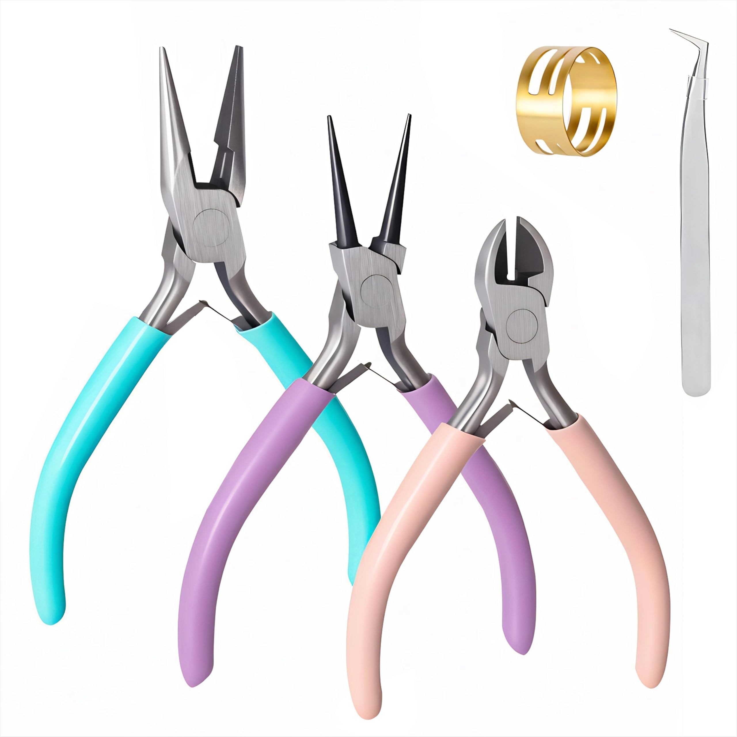 Jewellery Making Pliers Set 3Pcs Needle Nose/Round Nose/Diagonal Plier with Jump Ring Opener for Jewelry Beading Cutting Wrapping DIY Crafts