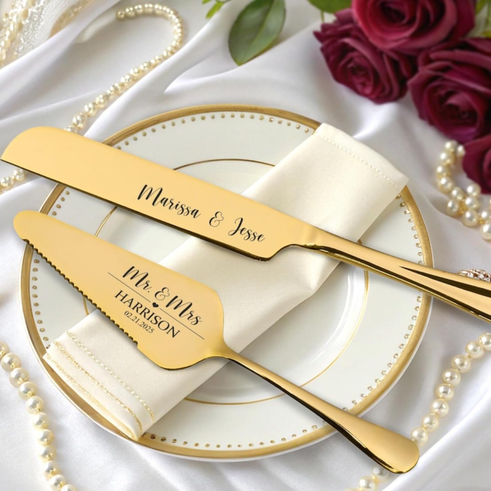 Custom Wedding Cake Serving Set Engraved Cake Cutter Wedding,Custom Engagement Engraved Set (Gold)