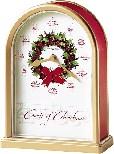Howard Miller Carols of Christmas II - Reloj de mesa 645-424 acabado de latón satinado lados de tono mármol rojo centro de corona decorativa 12