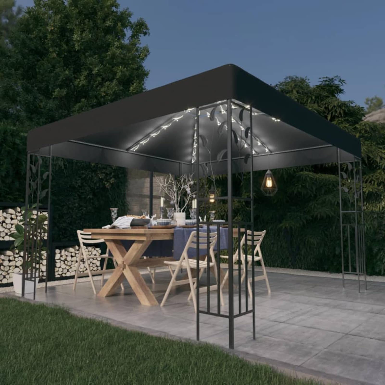 ARKEM Gazebo con Stringa di Luci LED 3x3 m Antracite,Gazebo Pergola Con Telo Impermeabile Richiudibile E Struttura Rettangolare In Acciaio Inossidabile Ad Alta Densità, Per Arredo Giardino, Terrazzo e