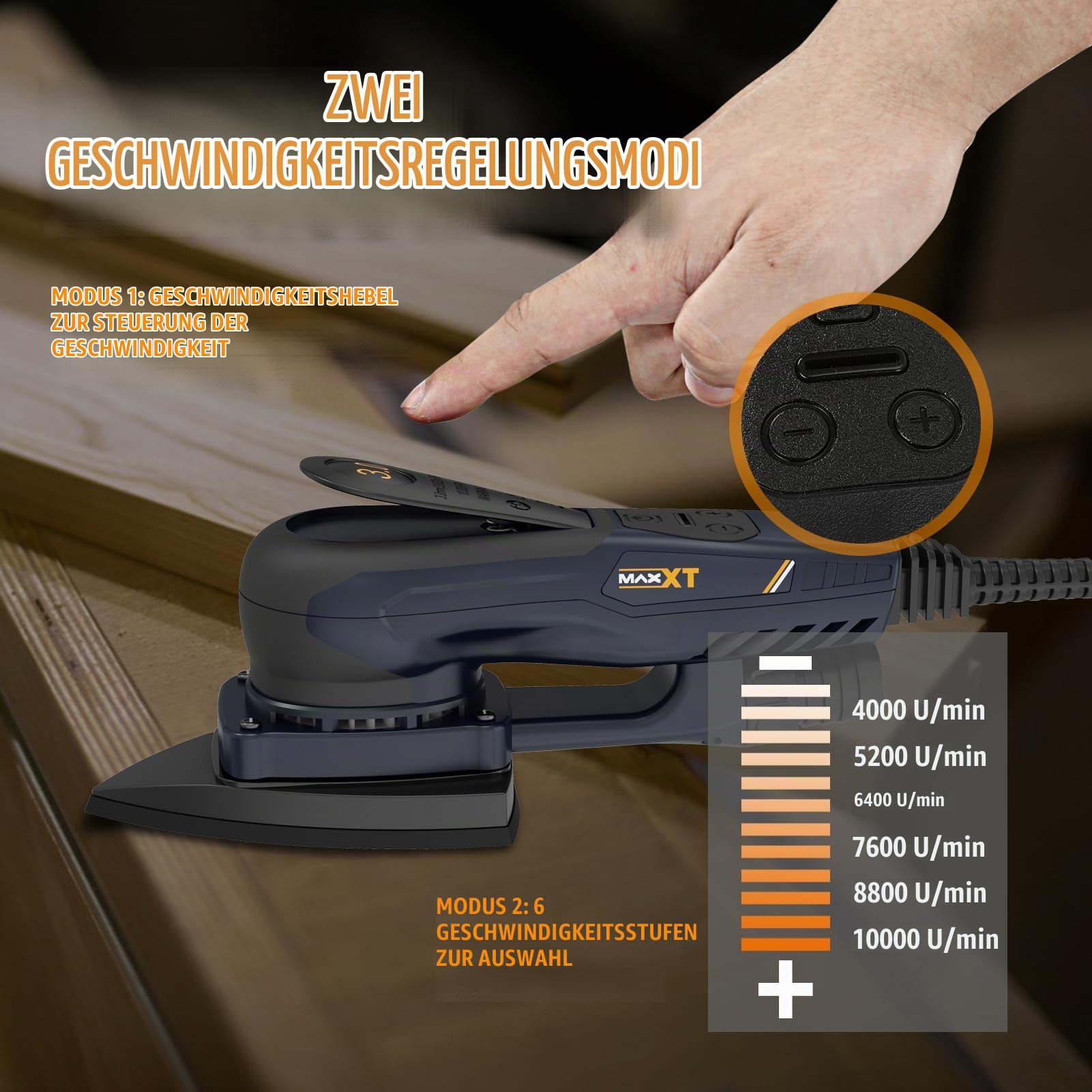MAXXT Profi Bürstenloser 3mm Dreieck-Schleifer - 350W Starker EC Motor, Geschwindigkeitsregulierung, Lieferung Mit 10 Premium Schleifpapieren Für Präzisionsschleifen Von Holz