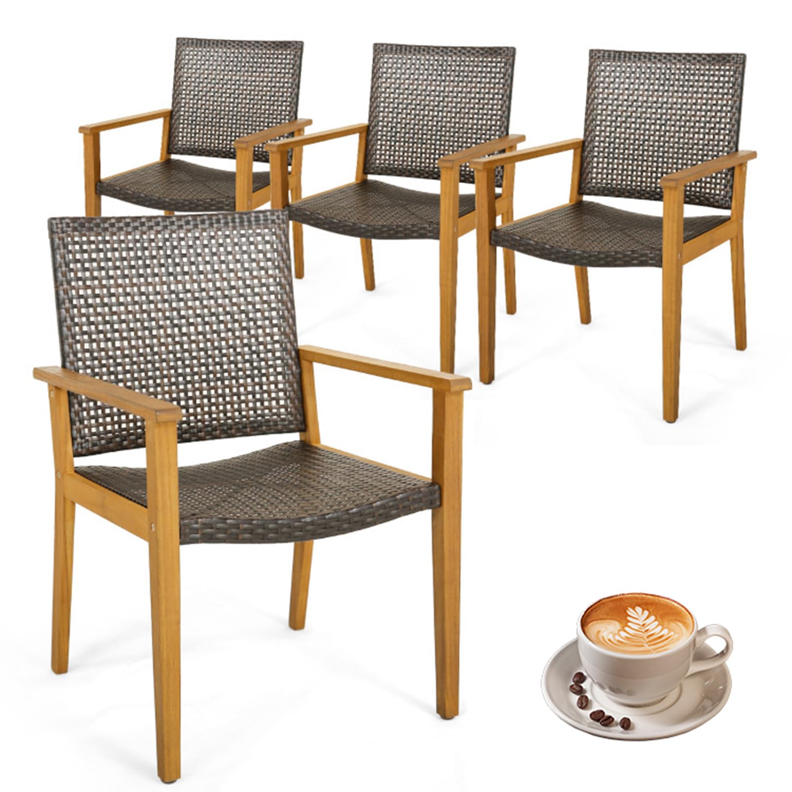 4 Pack Black Rattan Indoor-Outdoor Restaurant Stack Chair, with Sturdy Acacia Wood Frame