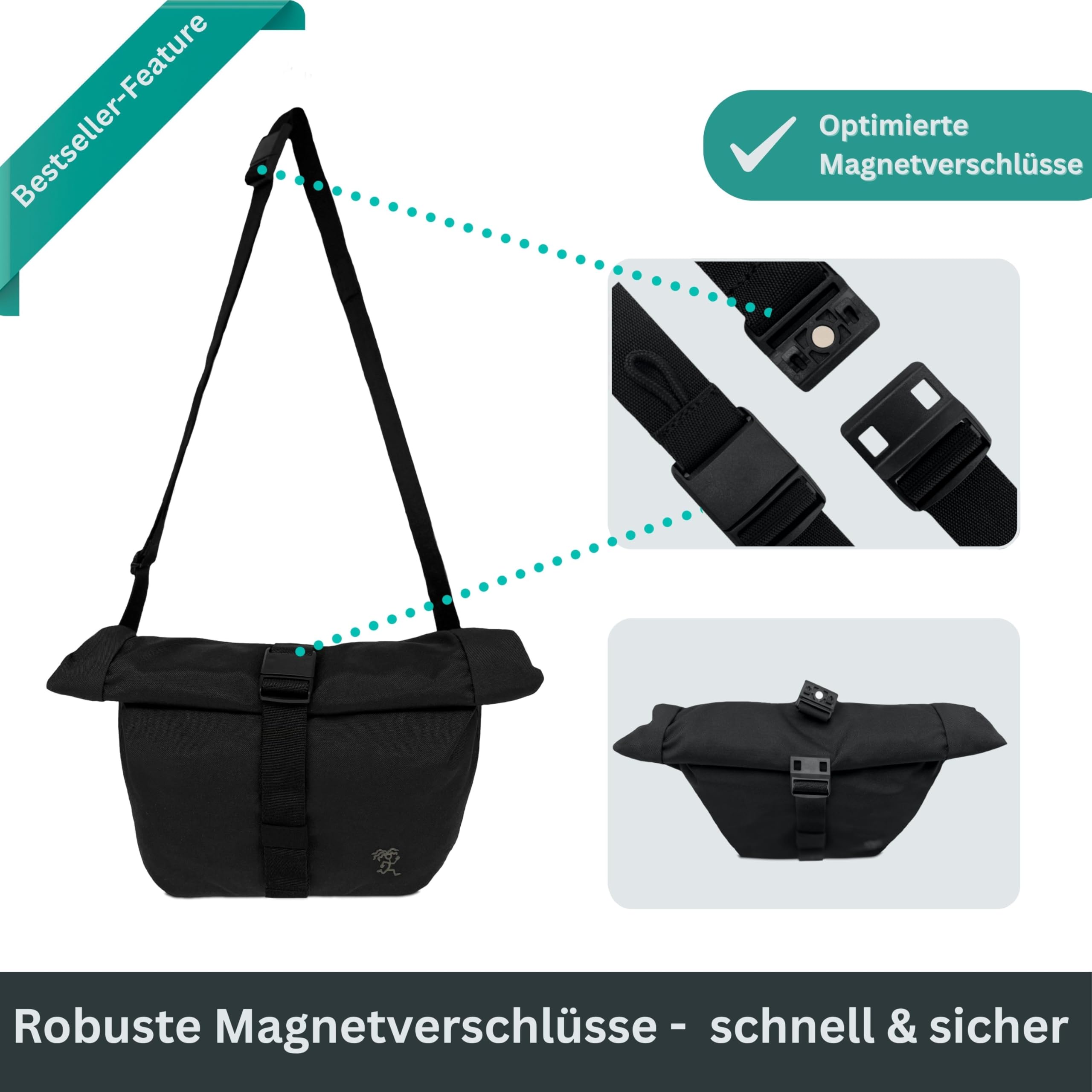 FUCHS & REBELL® Crossbody Fahrrad Tasche LUCA mit Rolltop (4,5-8L) | 3-Punkt-Gurt-System für mehr Stabilität, Robuste Magnetschnallen, Viele Fächer, Flexibles Volumen (4,5-8L)