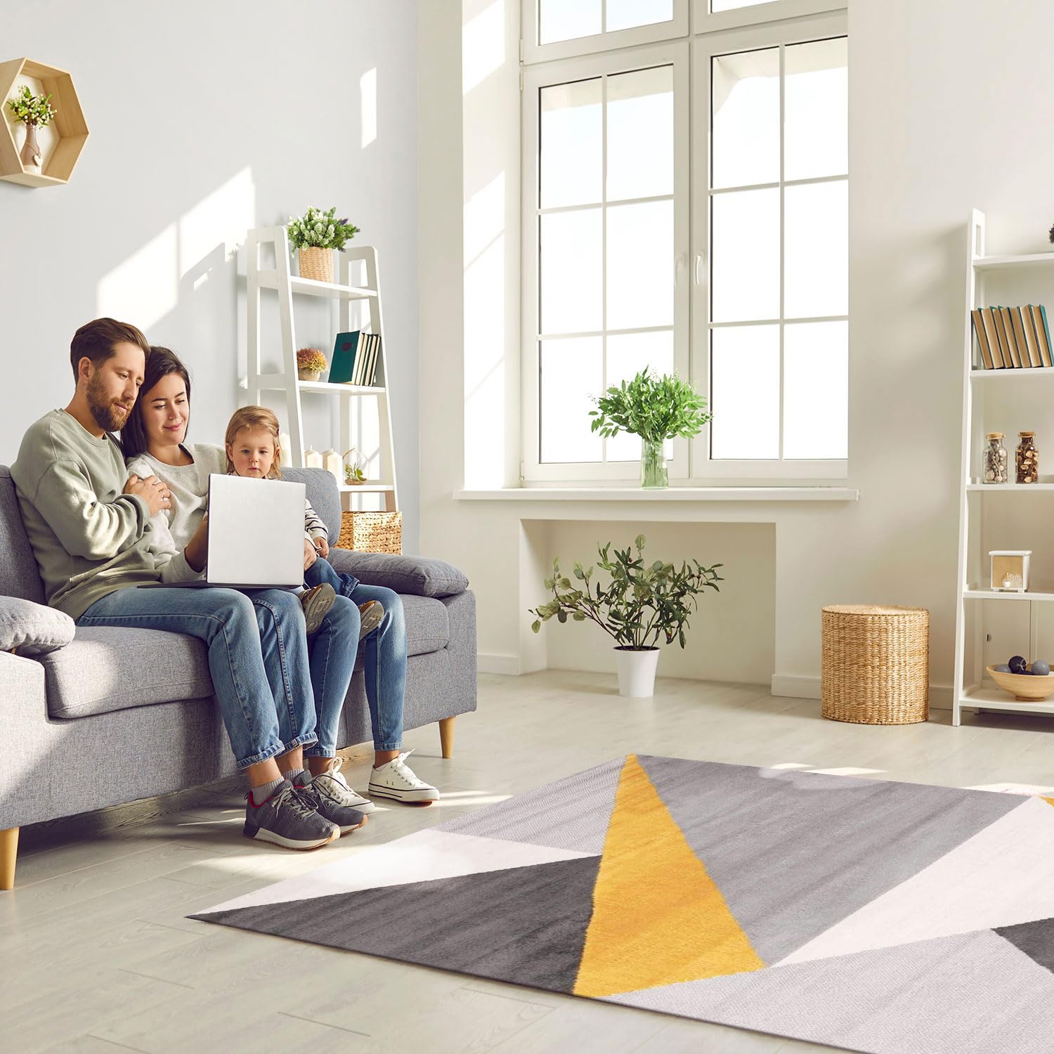 VIMODA Teppich Wohnzimmer Schlafzimmer Flur Teppich Geometrisches Muster Gelb, Maße:200x280 cm