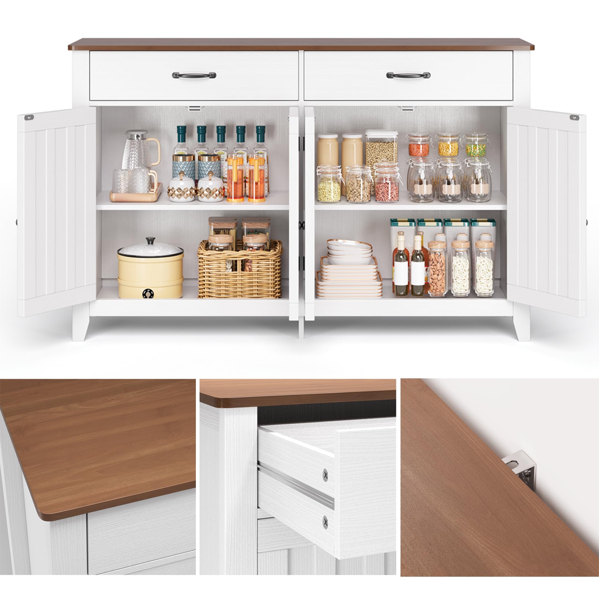 Credenza Cucina,Mobile da Cucina con Piano, con 4 Doors and 2 Drawers,per Soggiorno, Cucina, Sala da Pranzo,140 x 40 x 89CM,Retro