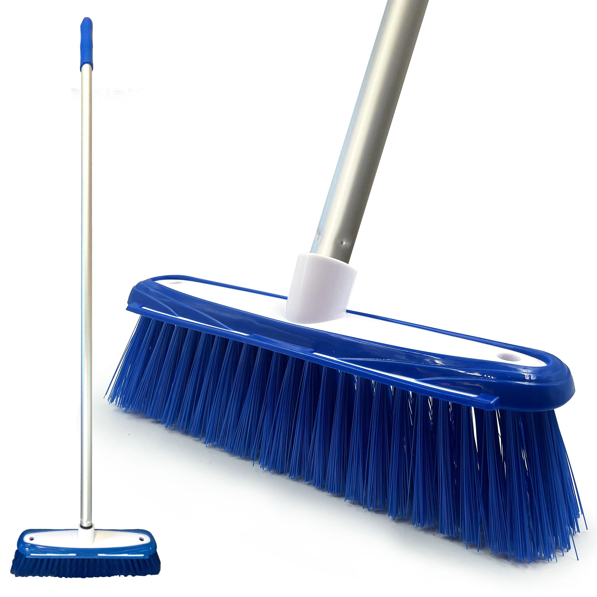 TDBS The Dustpan and Brush Store Colour-Coded Soft Broom Sweeping with Stainless Steel Handle Built-In Scraper, Long for Domestic Commercial Use (Blue), (104158H)