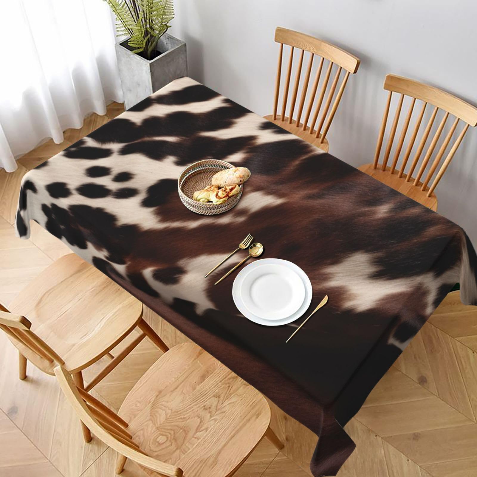 WPKJU Brown Cowhide Printed Tablecloth 60x90 in Water Resistant Table Cover Washable Rectangle Table Cloth for Dining Tables