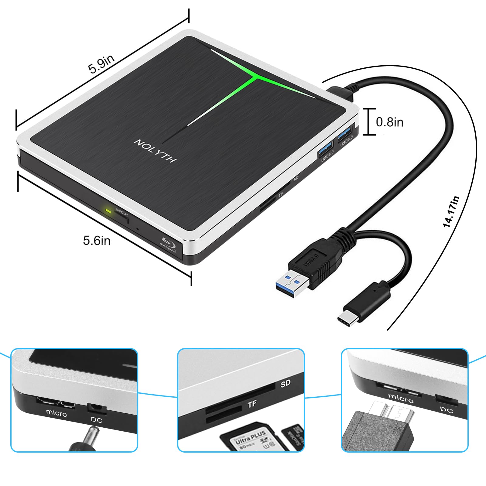 Unidad externa de Blu ray USB C, grabadora de Bluray externa USB 3.0 con ranura SD/TF/puertos USB/funda, portátil externo Blu-ray CD DVD para ordenador portátil, PC, Mac, Windows 11, MacBook