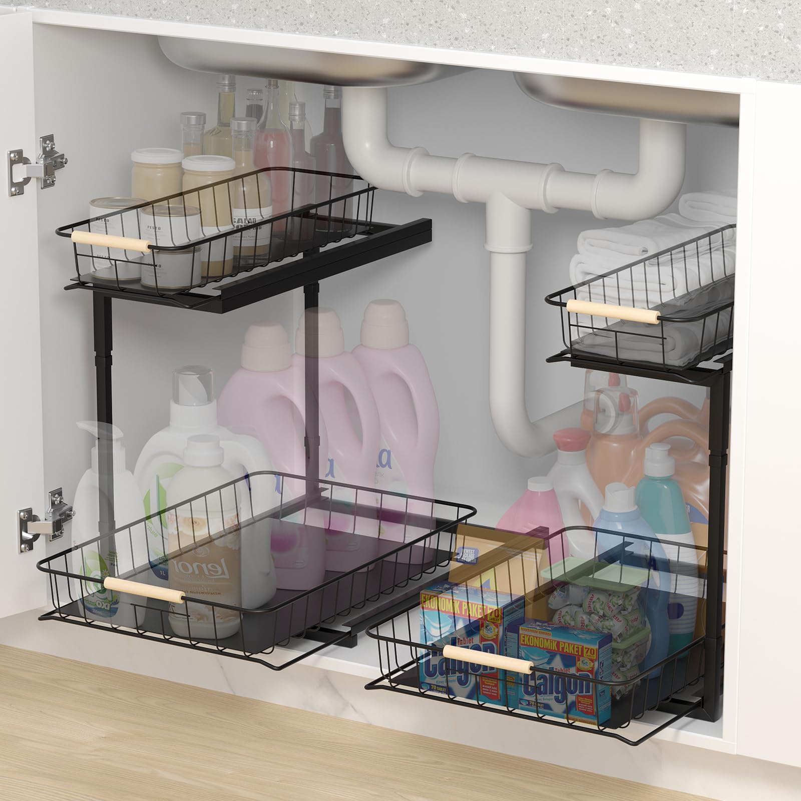 VIVAHEARTH Under Sink Organizers and Storage, 2 Pack Metal Pull Out Cabinet Organizer, 2 Tier Larger Under Sink Organizer for Kitchen Bathroom