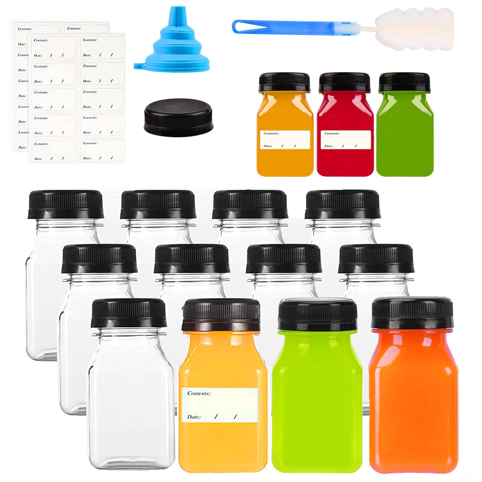 12pcs 120ml Mini Juice Bottles with Caps, Reusable Empty Clear Bottles with Lids, with Label, Funnel and Brush, Bulk Beverage Drink Containers for Smoothies Juice Milk Water and Other Beverages