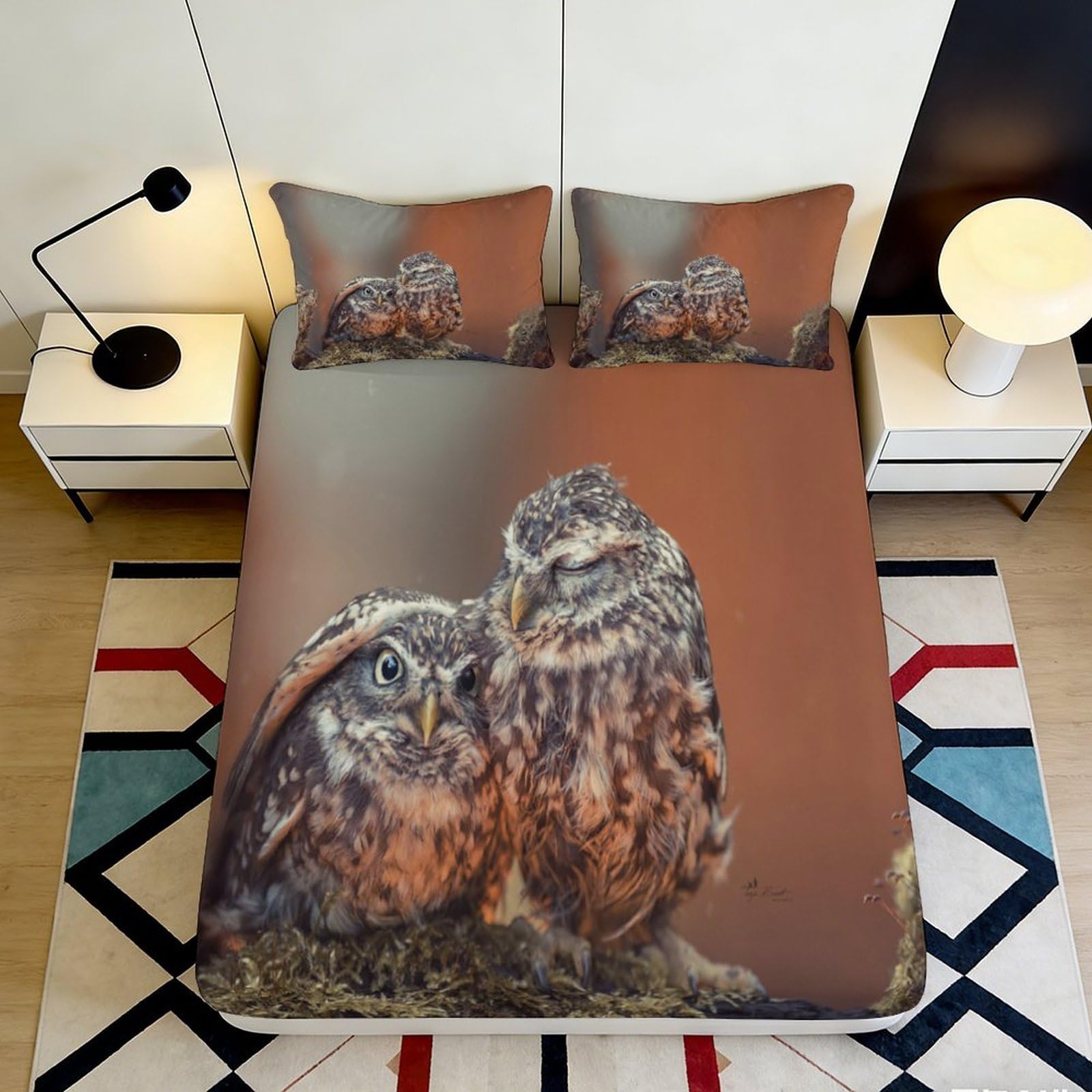3D Printed Owl Forest Fitted Sheet Microfiber Soft Anti-Slip Nature Bird Bed Cover for Bedroom Guest Room Decor 90x200x25cm
