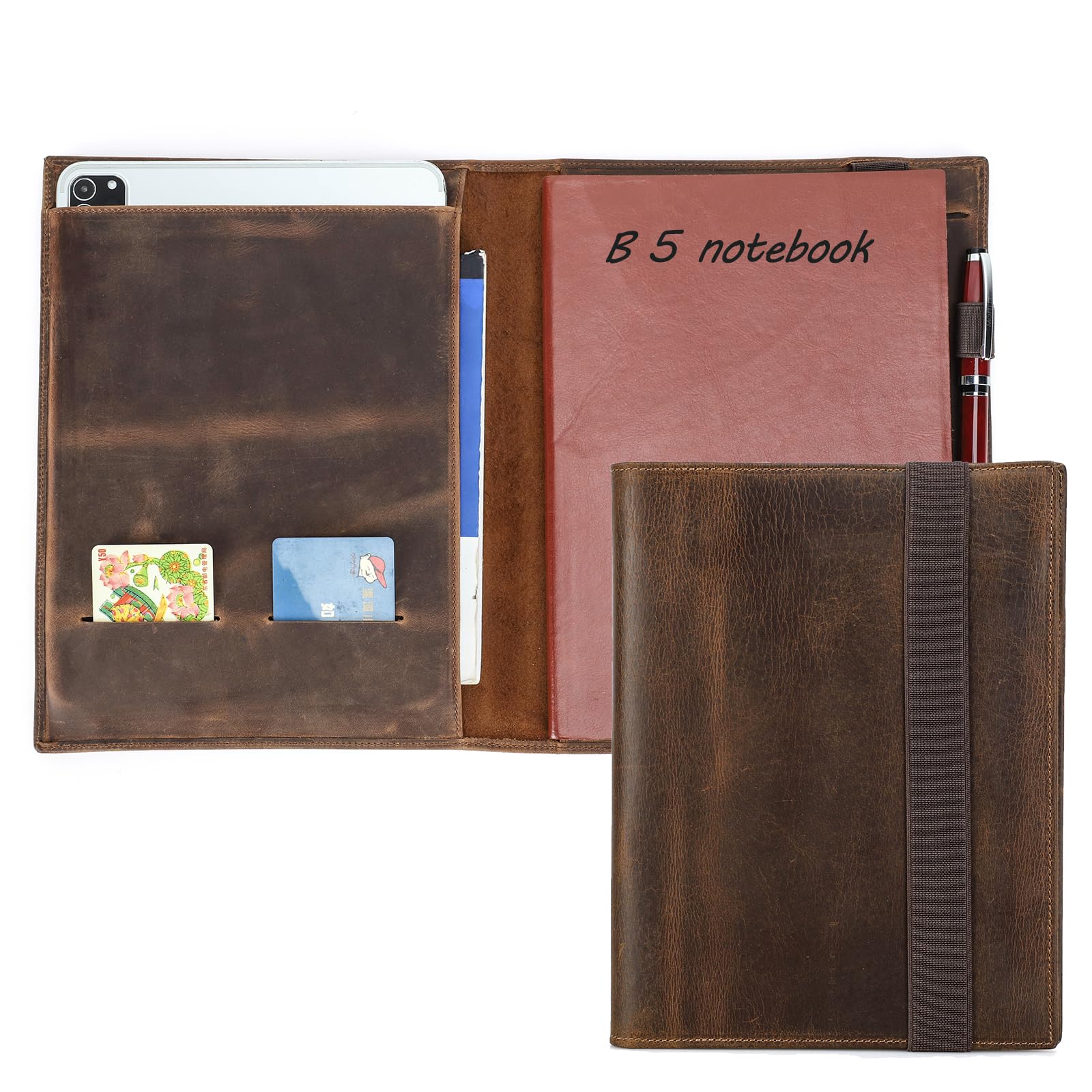 Contacts Portefeuille d'affaires en cuir pour homme et femme avec bande élastique compatible avec cartes, stylo, Pad Mini, documents A5/B5 (B5-Fit iPad Pro/Air 9,7"/10,5"/11")