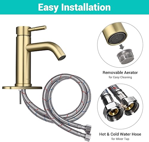 Miniatura 3 de Aquaterior Grifo de lavabo de baño de una sola manija dorada placa de acero inoxidable para lavabo de 1 agujero y 3 agujeros (CUPC NSF CEC)