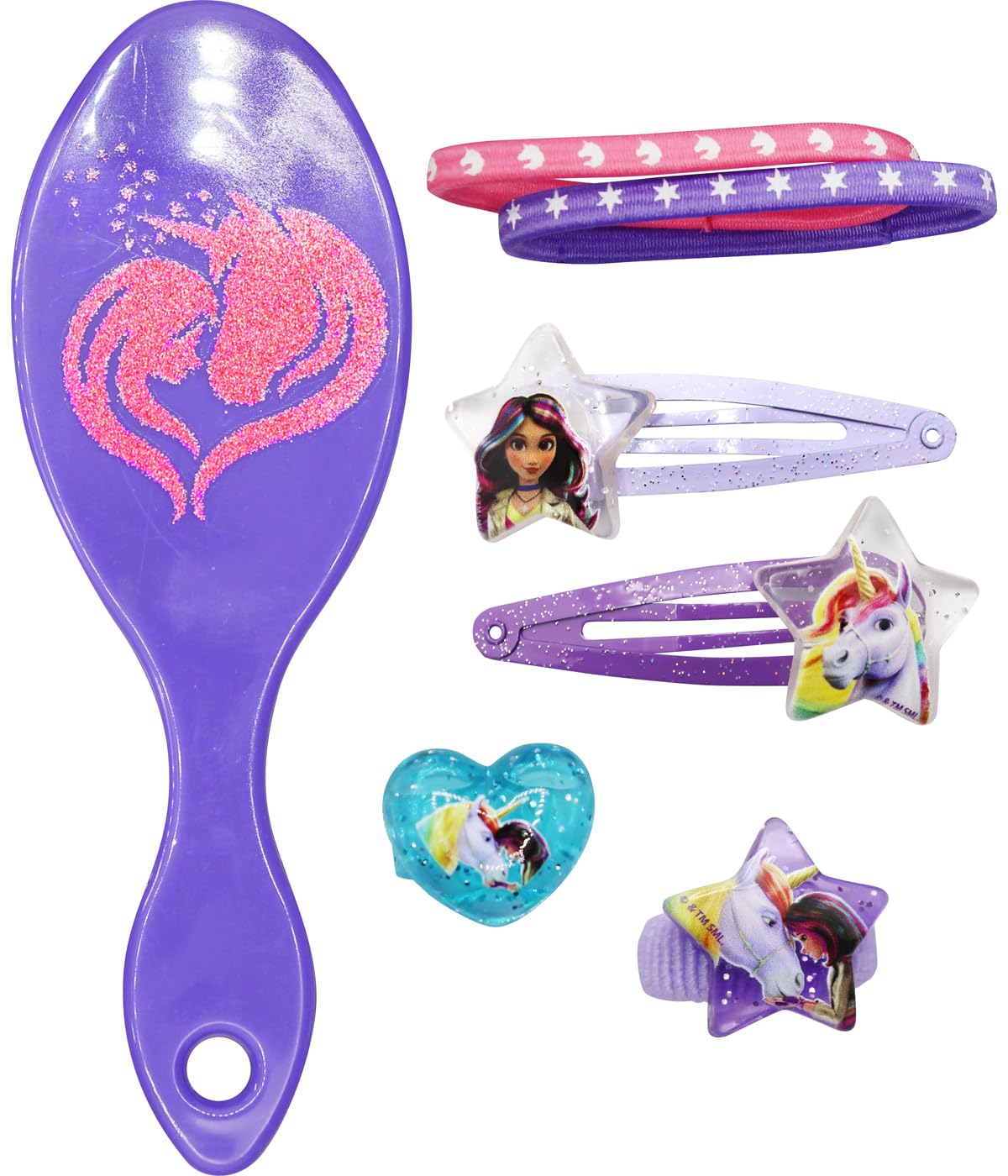 Joy Toy - Unicorn Academy Schmuckschatulle mit Accessoires: 2 Haarspangen, 1 Ring, 1 Zöpfchenhalter, 2 Elastikbänder, 1 Haarbürste für Kinder