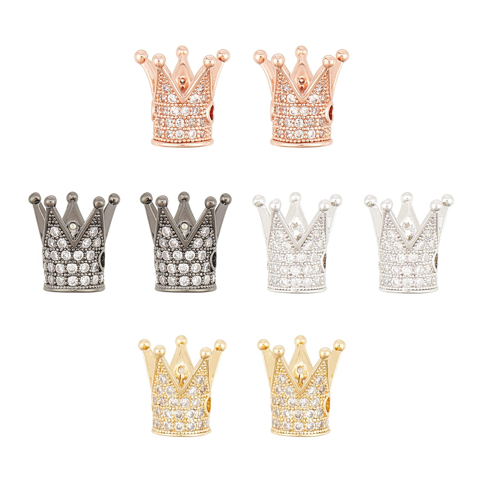 NBEADS 8 Pcs King Crown Bead, 12.5x12mm Mixed 4 Colors Brass Micro Pave Cubic Zirconia Crown Beads Crown Charms for Bracelet Necklace Earrings Jewelry Making