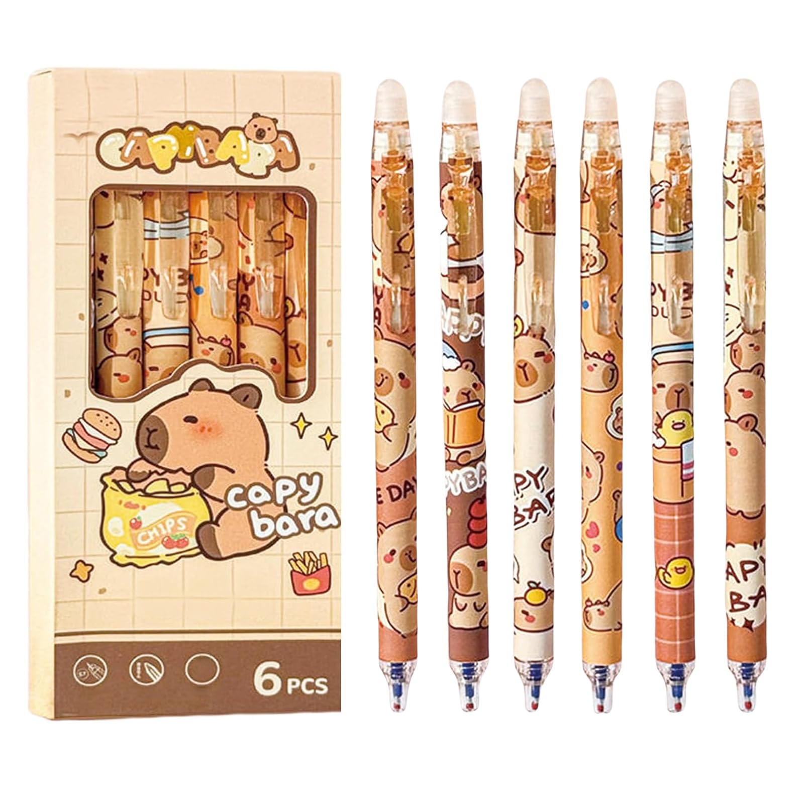 FloralGrace 6-Piece Adorable Erasable Retractable Pens, Cute Capybara Designs, Blue Ink, 0.5mm Fine Tip
