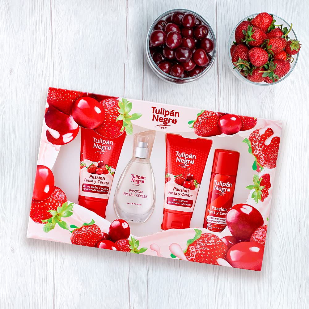 Tulipán Negro - Estuche Fresa y Cereza, Colonia 50 ml + Loción Corporal 75 ml + Gel de Baño 75 ml + Desodorante Spray 50 ml, Fragancia Dulce y Afrutada