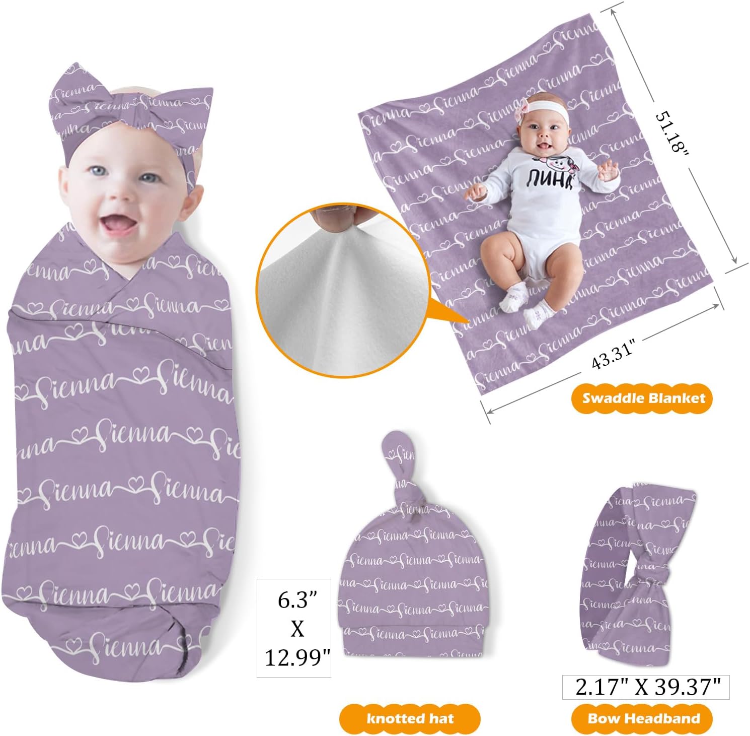 Custom Baby Nursing Swaddling Set: Personalized Custom Name Light Purple Swaddle Blanket Car Seat Cover Bow Headband Hat Nursing Pillow for Infant Girl Love Heart Pattern