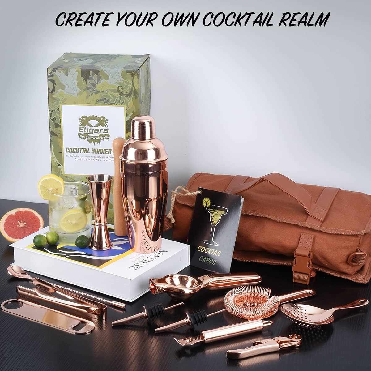 Sac de kit de barman de voyage, kit Shaker à Cocktail de 17 Pièces, ensemble de bar professionnel pour cocktails, Cocktail Kit Barman Avec bandoulière pour le Barman, les Fêtes, Voyages de Camping