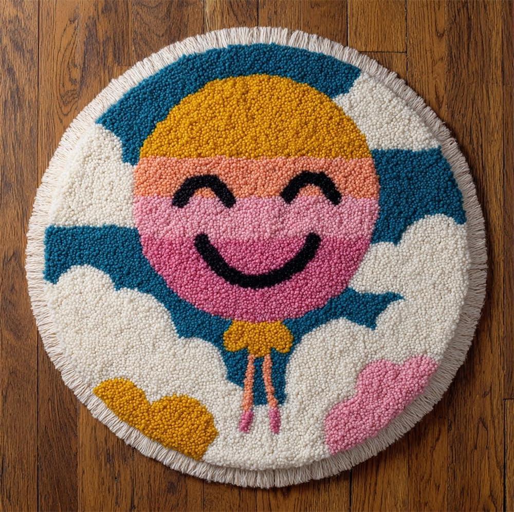 kitphoenix DIY Latch Hook Rug Kit with Printed Canvas Smiling Balloon 20X20Inch (50X50Cm) Floor Mat Crochet Yarn Embroidery Hook and Latch Carpet Tapestry for Home Decoration - Adults